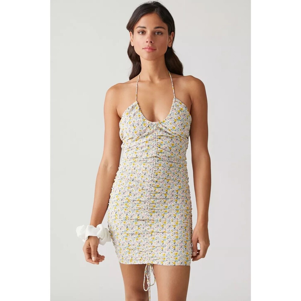 NWT Kiss The Sky Floral Ruched Mini Dress M Medium Halter Neck Pink Green Urban